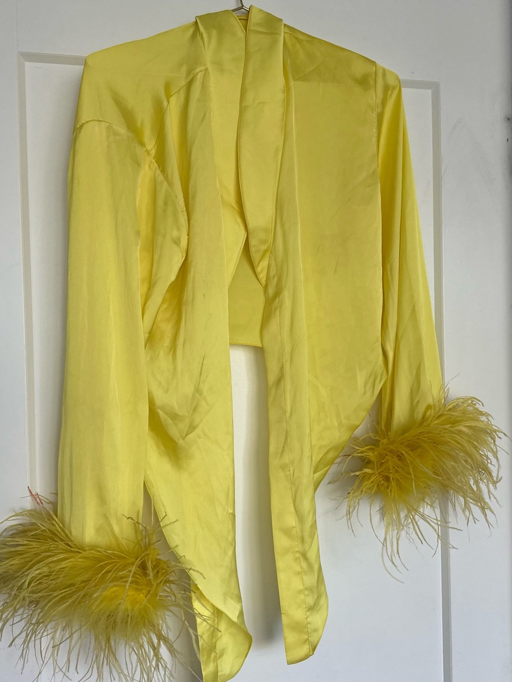 Yellow Satin Statement Top/Jacket with Feather Cuffs – Size M